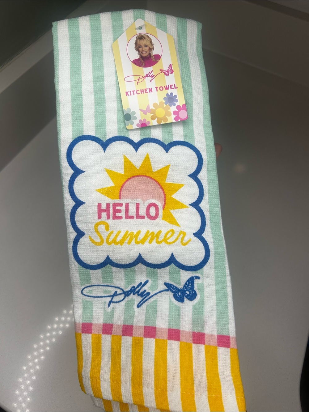 NWT Dolly Parton Hello Summer Kitchen Towel - Mint & Yellow